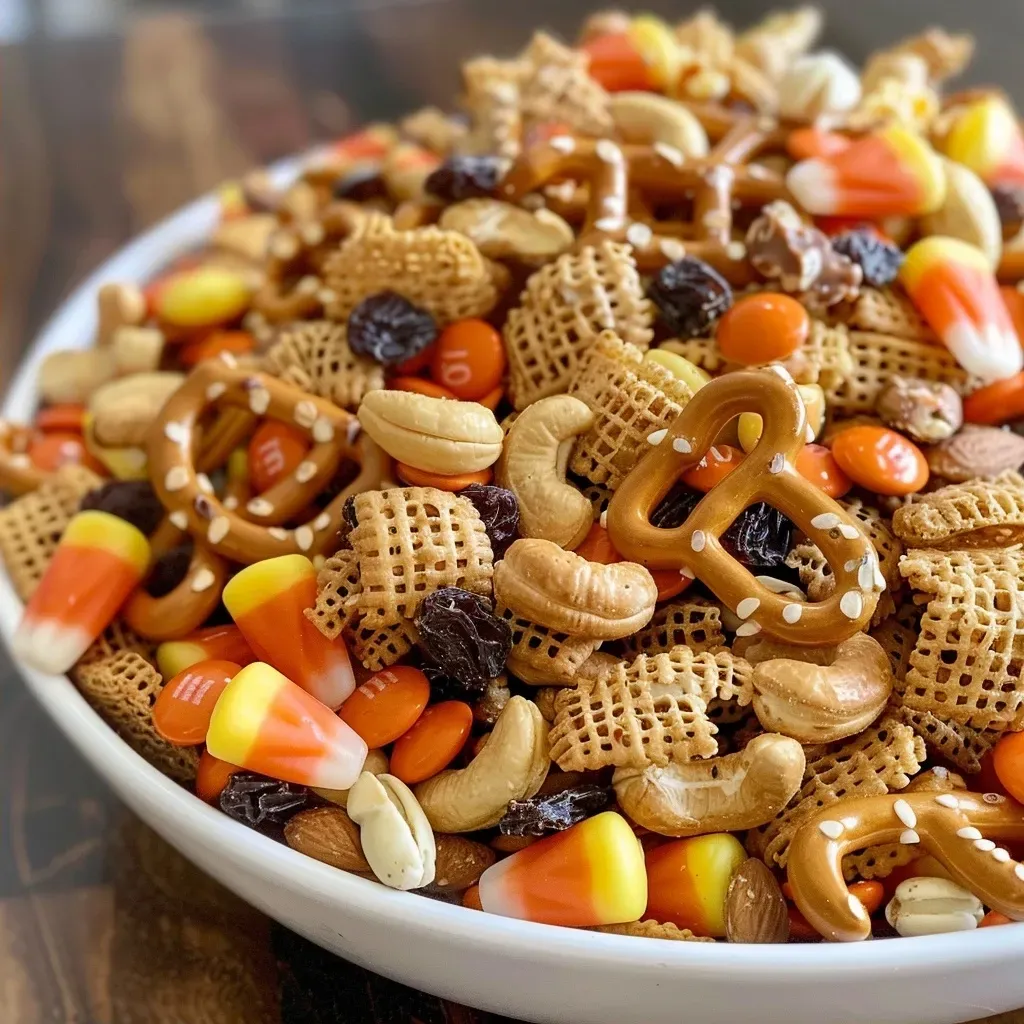 A vibrant assortment of crushed Chex, pretzels, nuts, and Halloween candies displayed together.