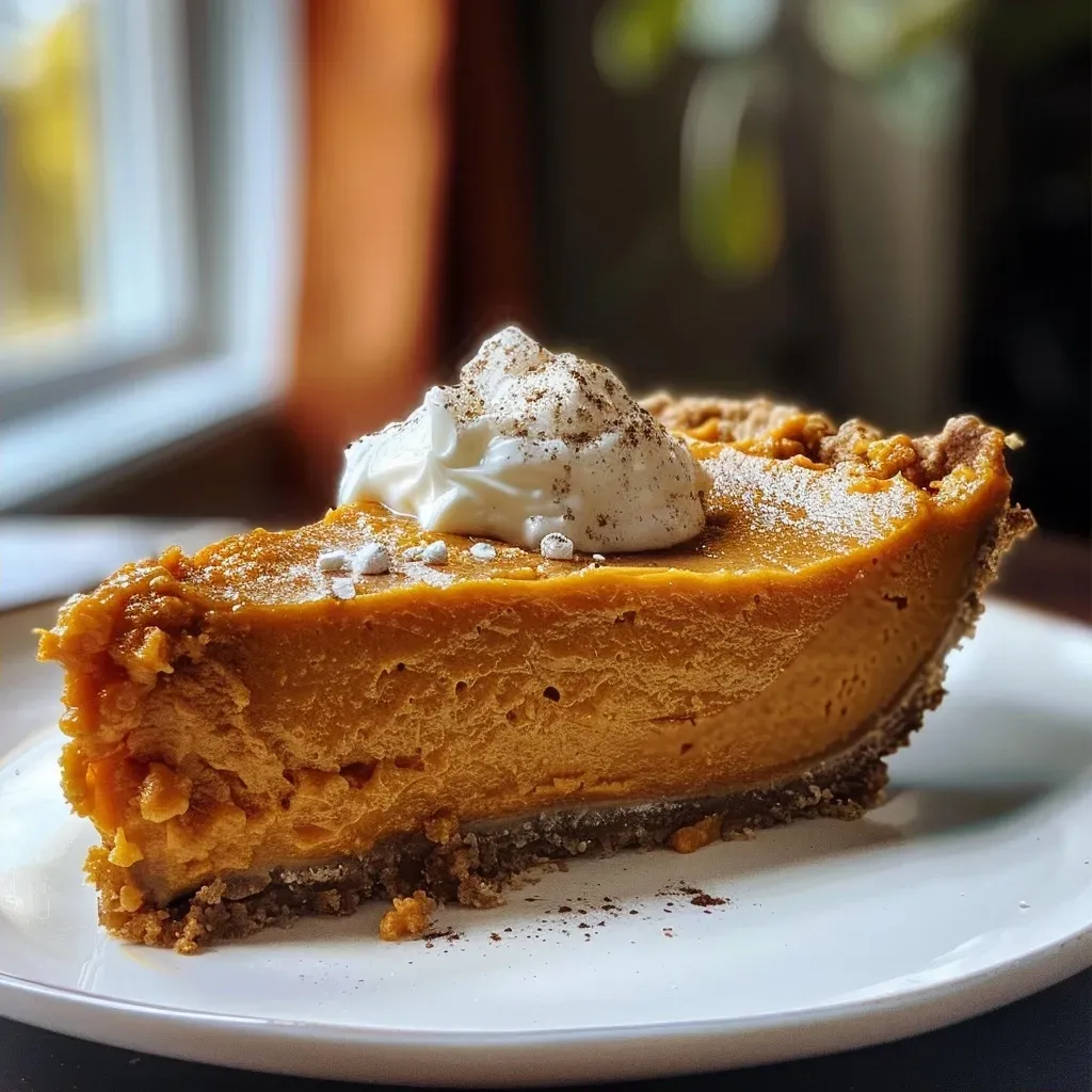 Side view of a luscious Sweet Potato Pie showing a golden crust and rich filling, garnished with spices.