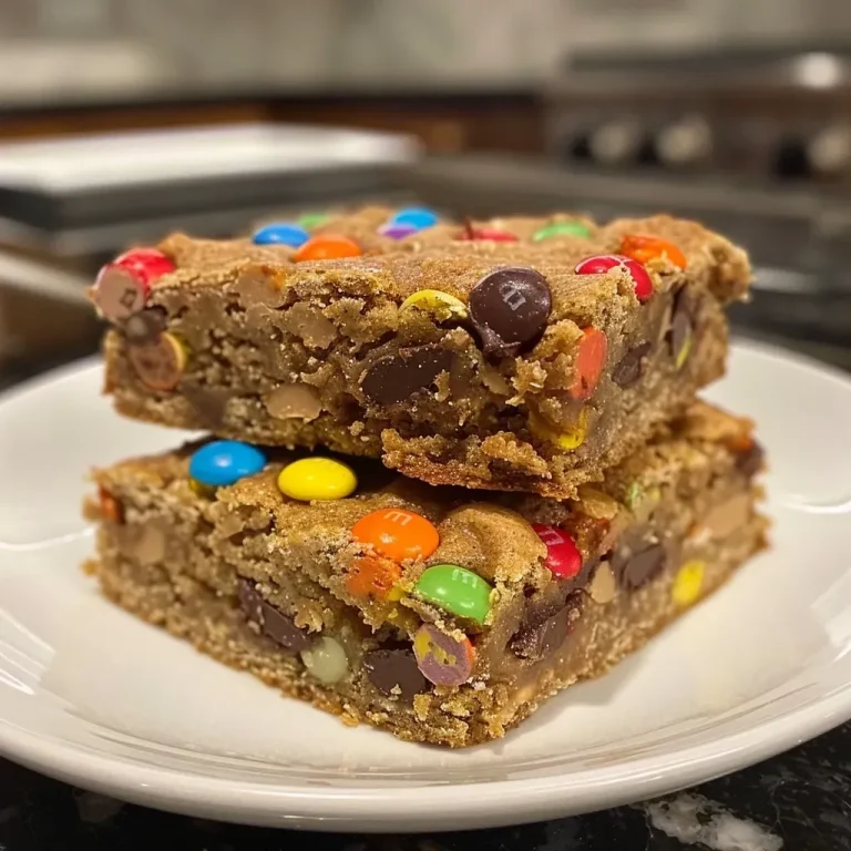 Wholesome Indulgence: The Healthy Monster Cookie Bars That Bring Joy to Every Bite Close-up side view of Healthy Monster Cookie Bars with chocolate chips and colorful candy-coated chocolates.