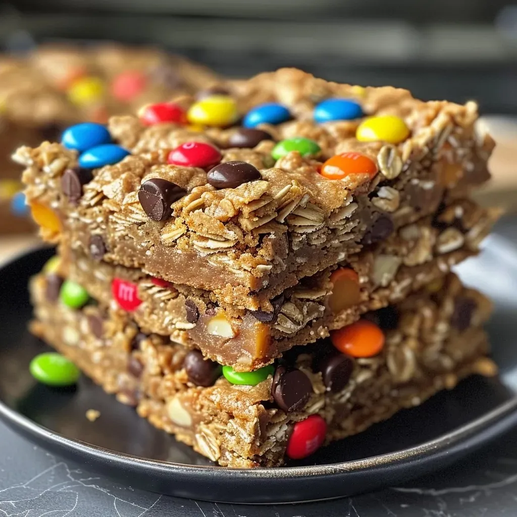 Juicy Healthy Monster Cookie Bars displayed attractively from the side, featuring chocolate and peanut butter.