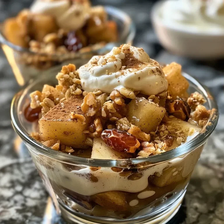 Harvest Harmony: Crafting a Wholesome No-Bake Apple Crisp to Savor Together Close-up view of a Healthy No-Bake Apple Crisp topped with coconut whipped cream.