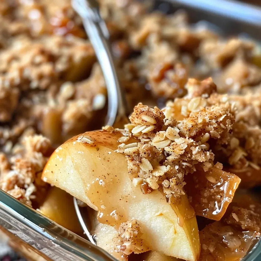 Side view of a bowl filled with Healthy No-Bake Apple Crisp surrounded by fresh apples.