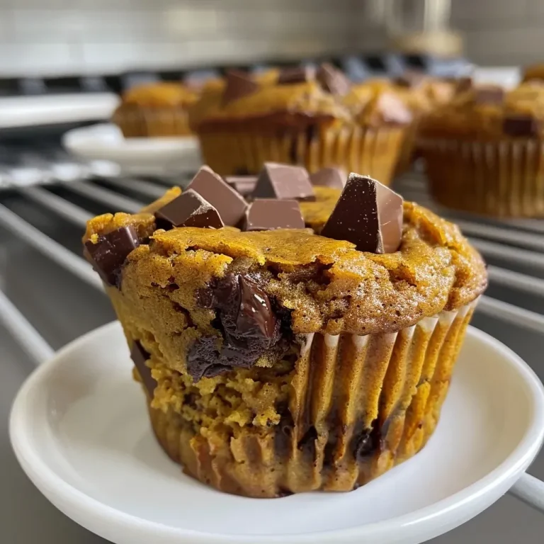 Harvest Harmony: Whipping Up Delightful Pumpkin Chocolate Chunk Muffins Close-up view of a moist pumpkin chocolate chunk muffin with chocolate pieces and pumpkin seeds.