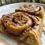 Close-up view of a warm, swirled pumpkin spice latte cinnamon roll with cinnamon sugar topping.