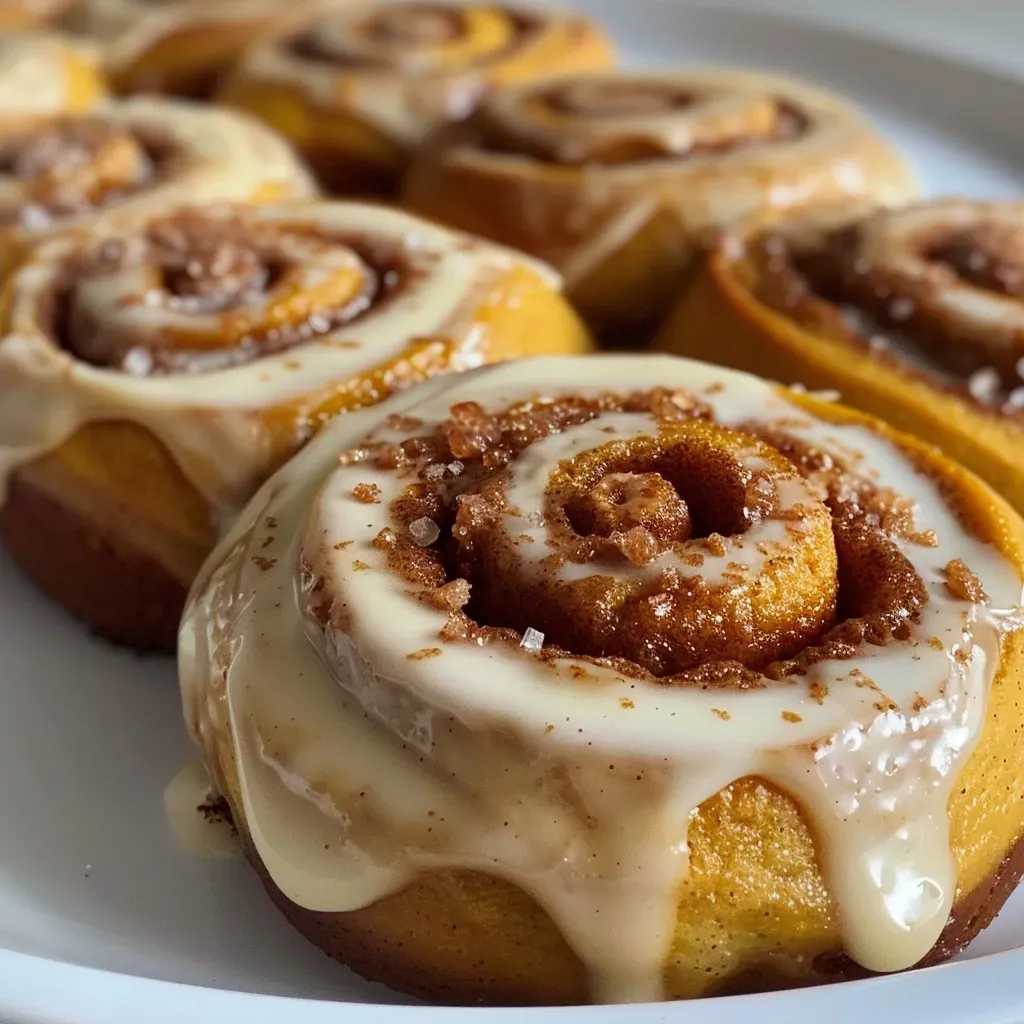 Side view of a freshly baked healthy pumpkin spice latte cinnamon roll with a glossy finish.