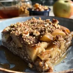 Close up of a baked dish featuring apple and cinnamon with a golden-brown topping.