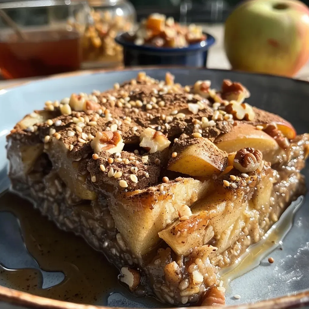Close up of a baked dish featuring apple and cinnamon with a golden-brown topping.