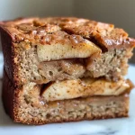 Close-up view of a moist slice of high protein apple cinnamon bread with visible apple pieces.