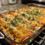 A close-up side view of a juicy High Protein Chicken Enchilada Casserole with layers of tortillas, chicken, and cheese.
