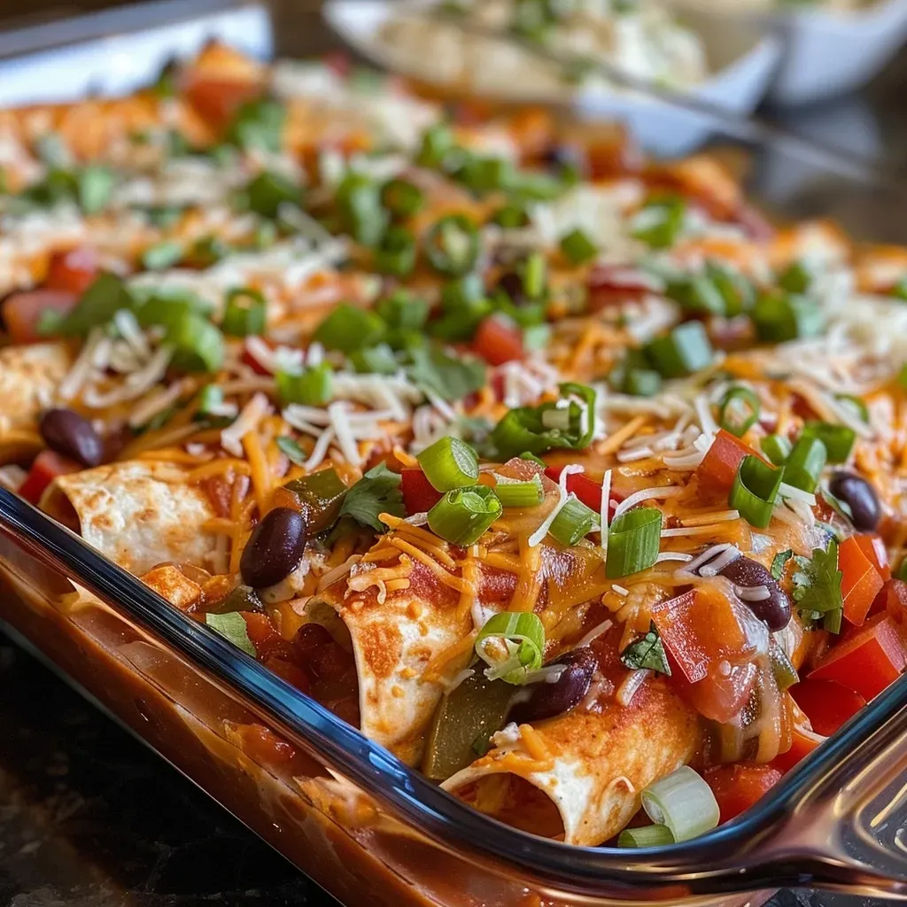 High Protein Chicken Enchilada Casserole showcasing melted cheese and colorful vegetables in a baking dish.