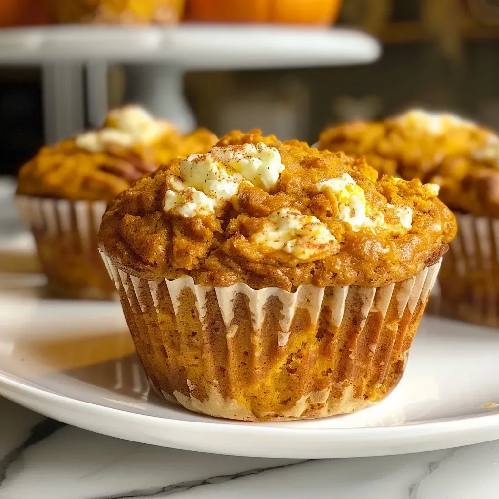 Side view of high-protein cottage cheese pumpkin muffins on a wooden table.