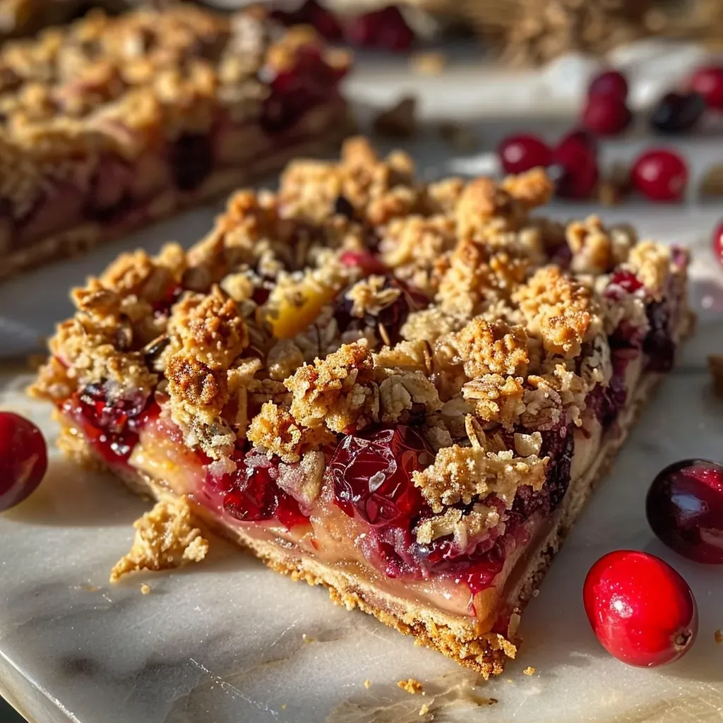 Close-up side view of a High-Protein Cranberry-Apple Streusel Bar with a golden brown topping.