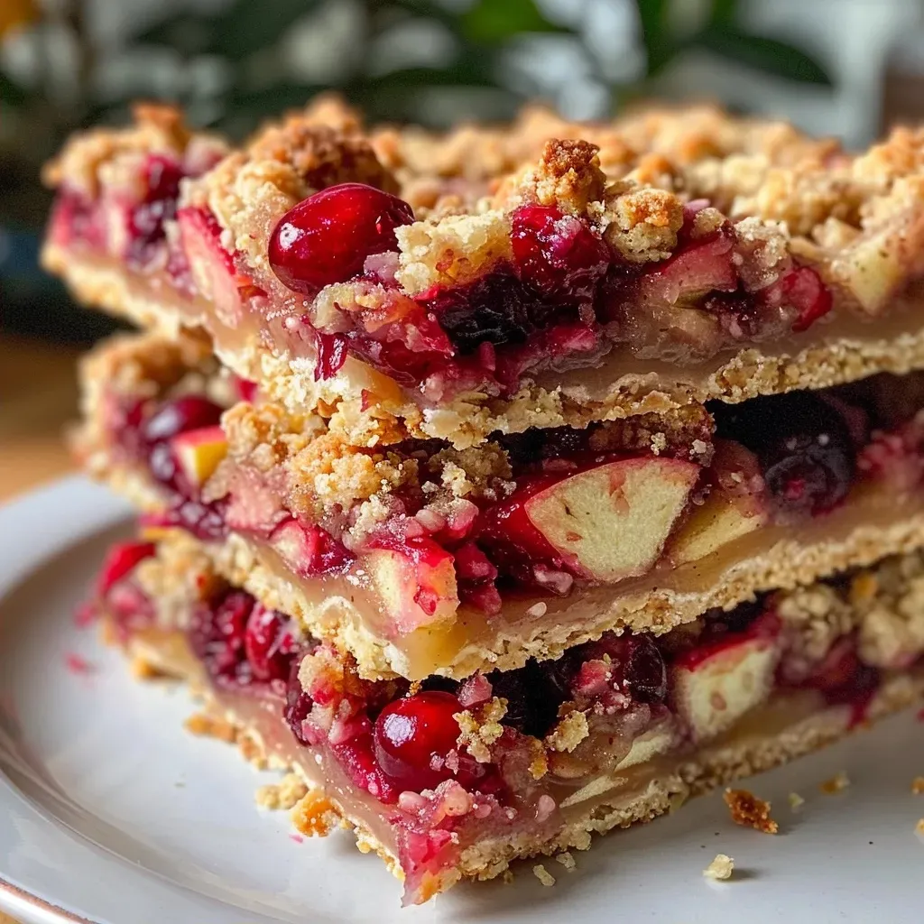 Juicy cranberry apple streusel bar with a crumbly topping and visible fruit pieces, photographed with an iPhone.