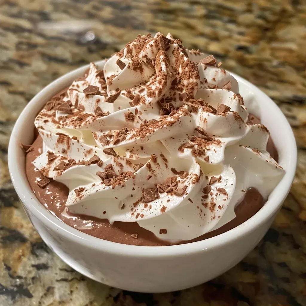 Side profile of a bowl filled with High-Protein Hot Cocoa Dip, highlighting its fluffy layer and chocolatey appearance.