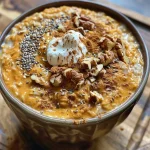 Close-up view of a bowl of high protein pumpkin overnight oats topped with chopped pecans.