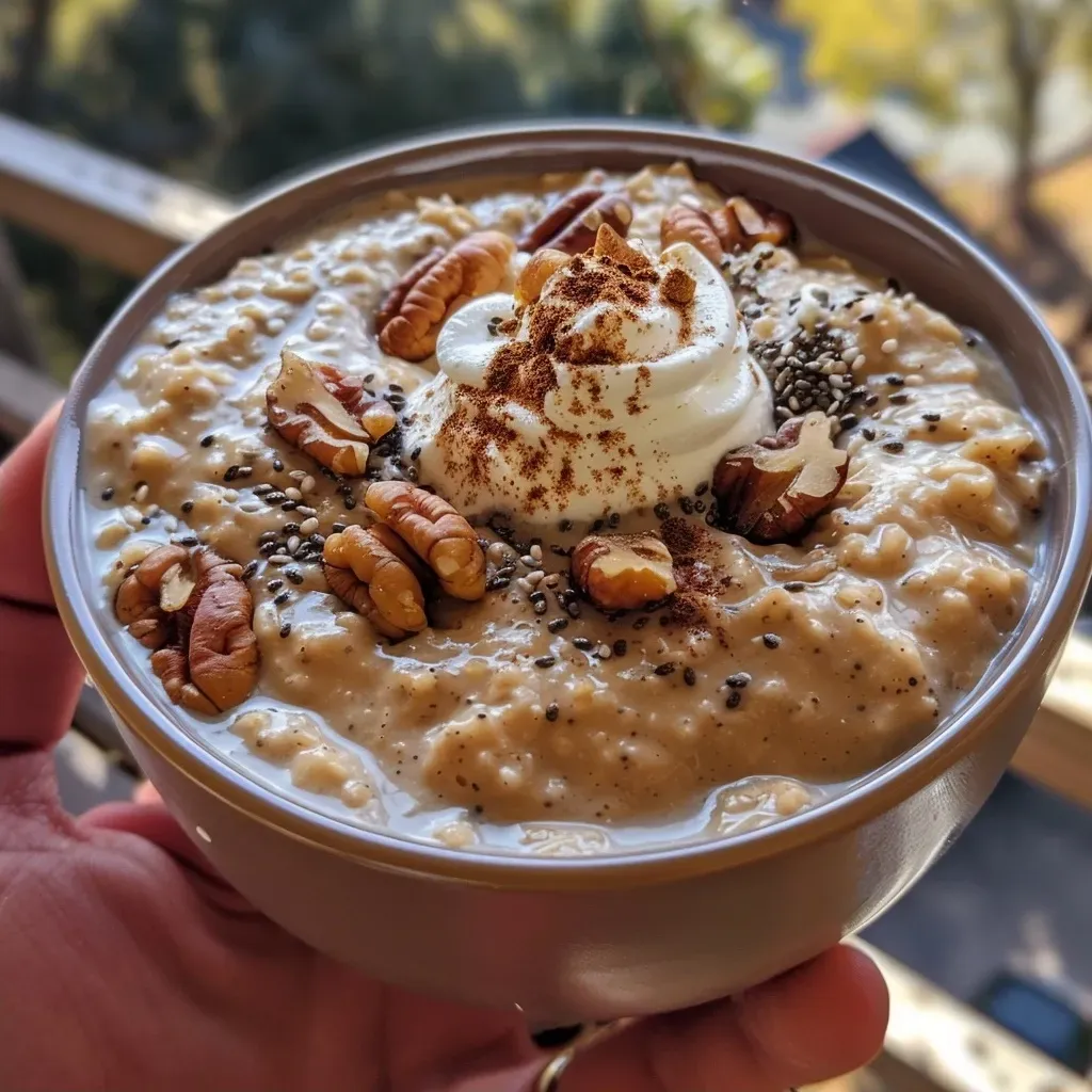 Side view of a creamy pumpkin overnight oats dish, showcasing its texture and vibrant color.