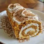 Close-up side view of a moist, rolled pumpkin dessert topped with a dusting of powdered sugar.