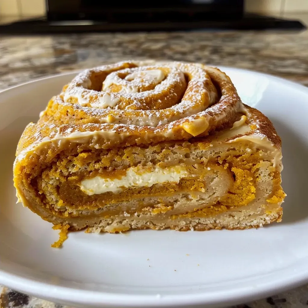 A juicy High Protein Pumpkin Roll with a creamy filling, showcasing its rich texture and color.