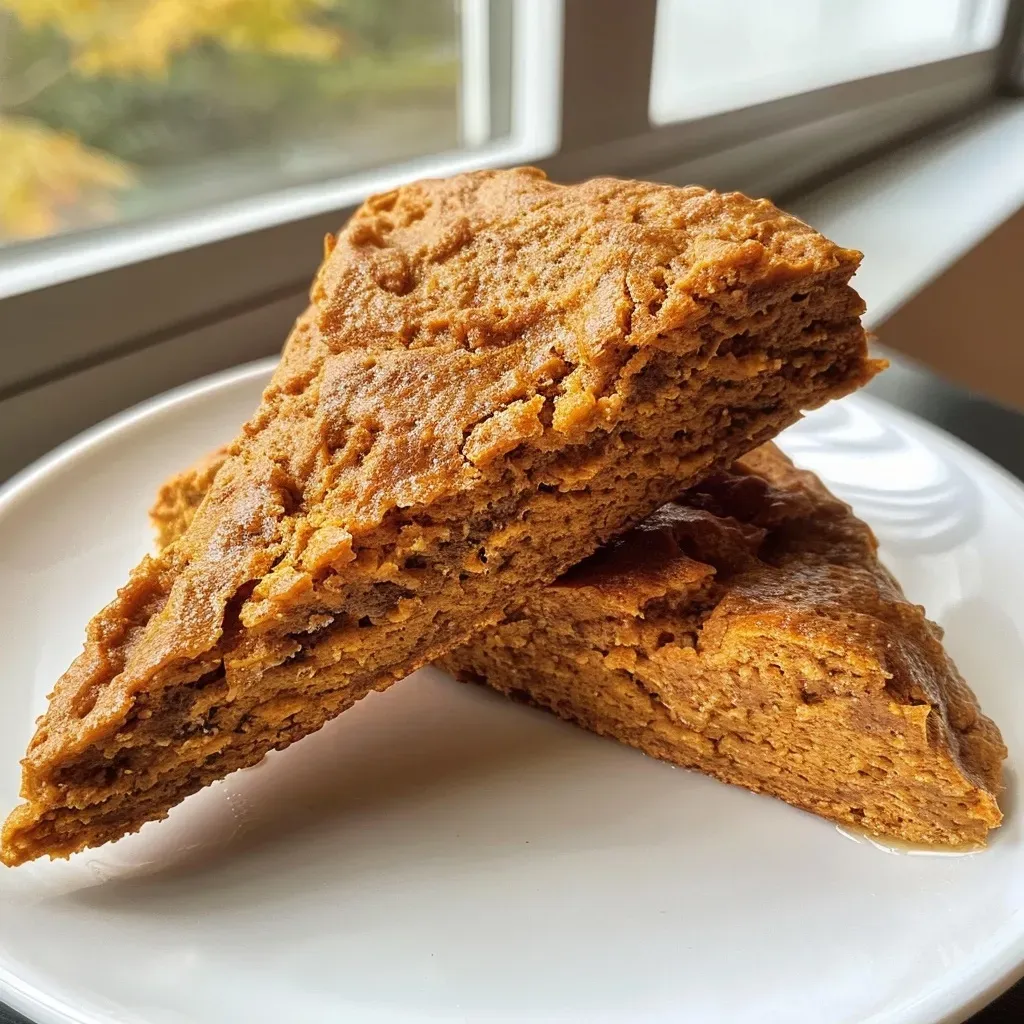 Appetizing high-protein pumpkin scones featuring a moist texture and a sprinkle of sugar.