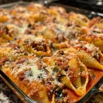 Close-up view of high protein stuffed shells filled with cheese and spinach.