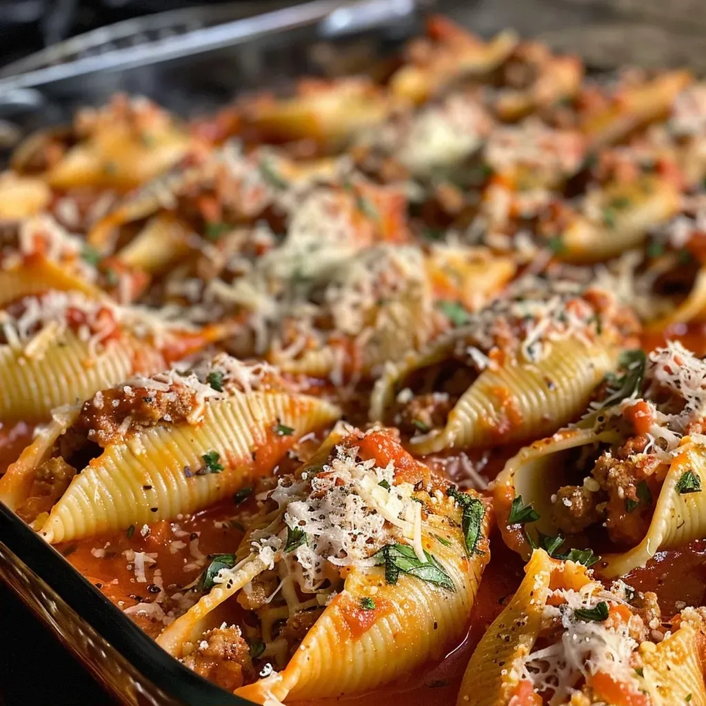 Juicy stuffed pasta shells topped with marinara and mozzarella cheese.
