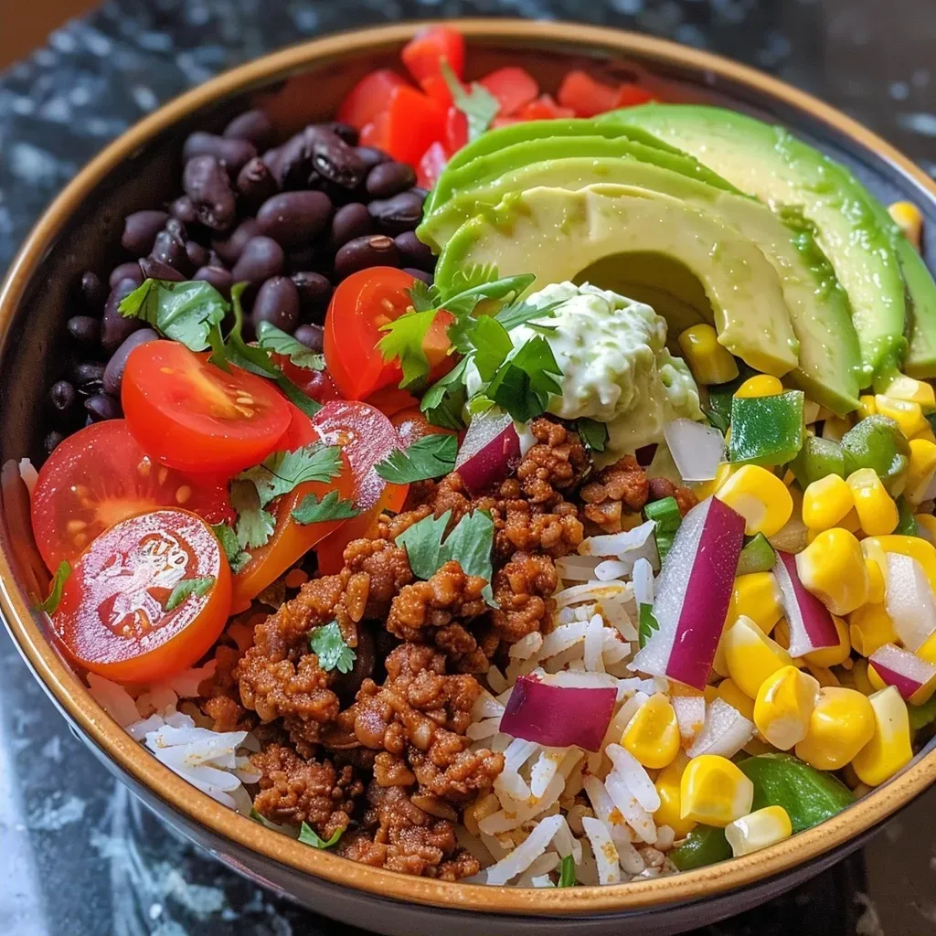 Side view of a taco bowl filled with cilantro lime rice, black beans, and fresh vegetables.
