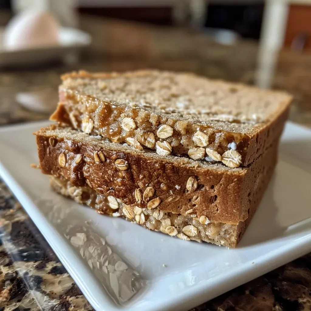 Close-up of a slice of white honey oat protein bread with a golden crust.