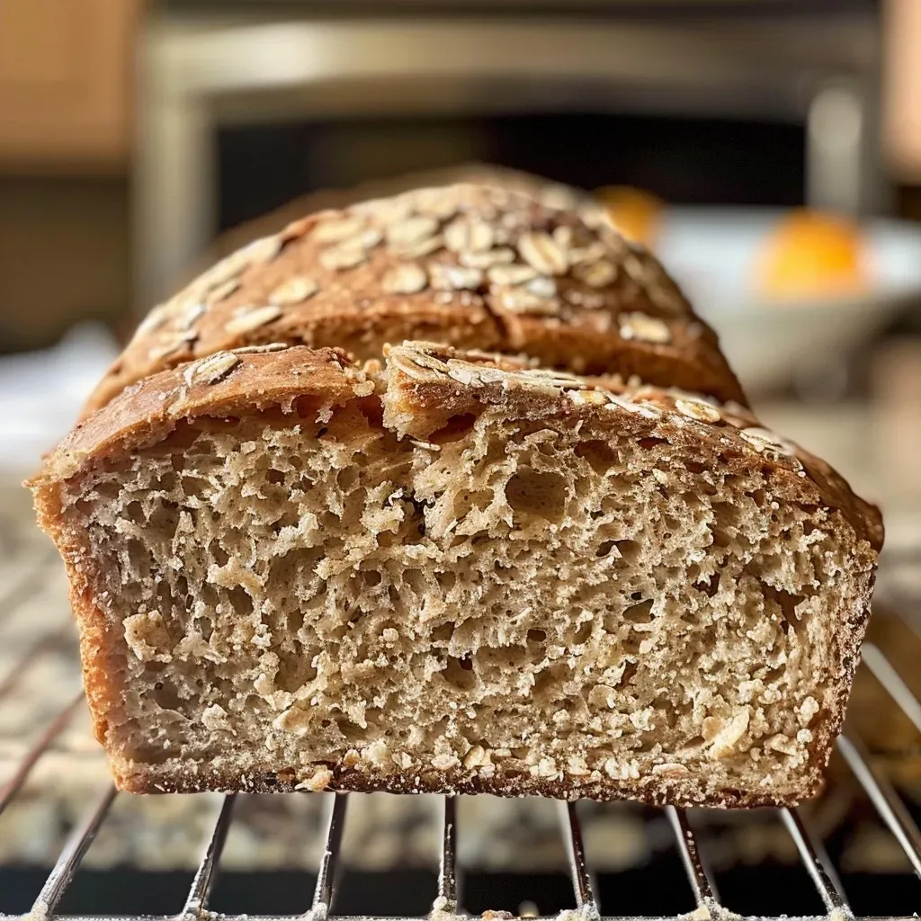 Side view of fluffy, homemade protein bread with oats and honey glistening on the surface.