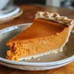 Close-up view of a slice of homemade sweet potato pie with a flaky crust.