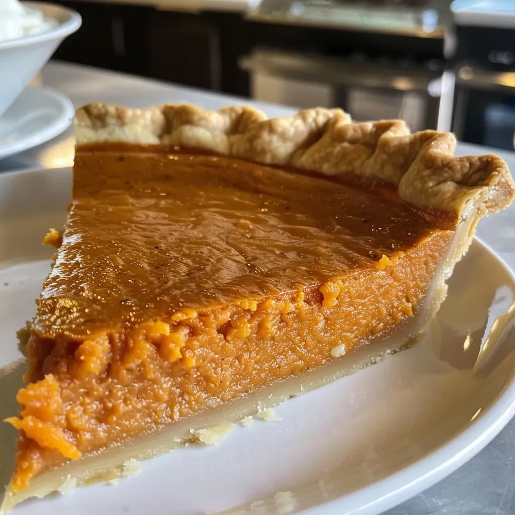 Side view of a delicious homemade sweet potato pie on a plate, showcasing its texture.