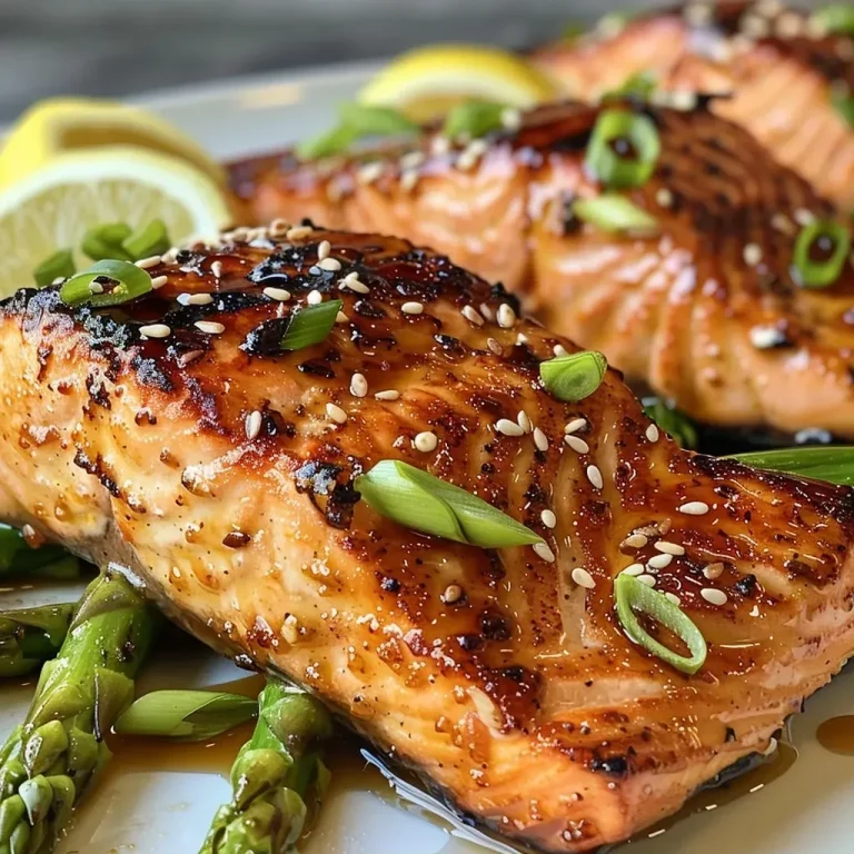 Juicy honey garlic baked salmon fillets with asparagus on a sheet pan.