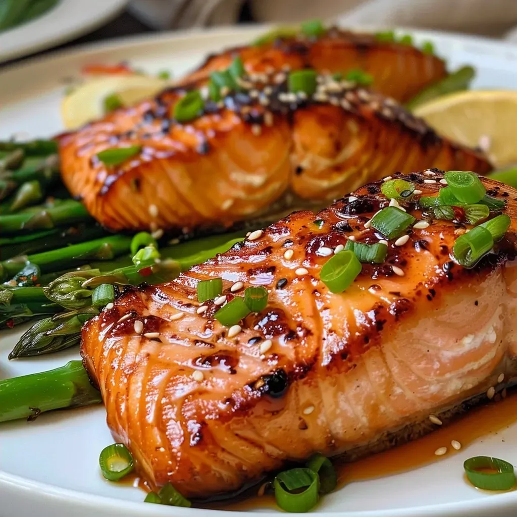 Close-up view of honey garlic salmon and vibrant green asparagus arranged on a white plate.