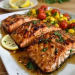 Close-up view of honey garlic salmon fillet with zucchini and corn on a sheet pan.