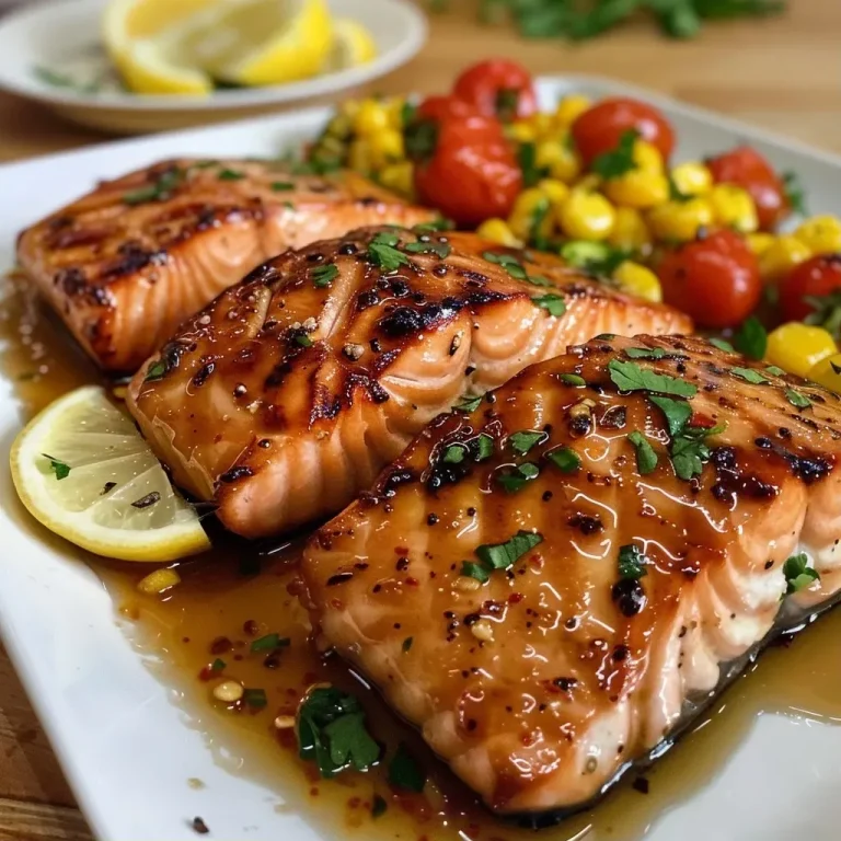 A Mediterranean Feast: Sheet Pan Honey Garlic Salmon with Zucchini and Corn Close-up view of honey garlic salmon fillet with zucchini and corn on a sheet pan.