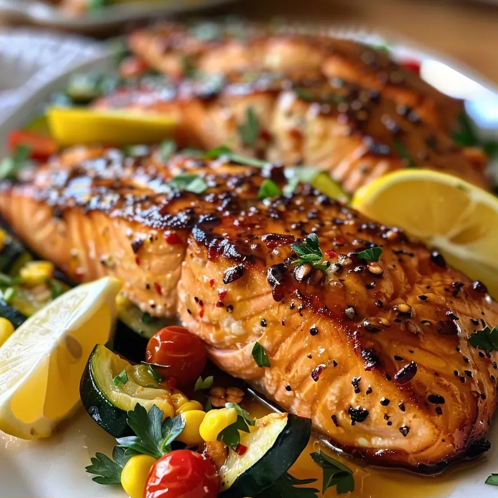 Juicy salmon fillets glazed with honey garlic sauce beside fresh zucchini and corn.