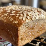 Close-up side view of a freshly baked loaf of Honey Oat Bread.