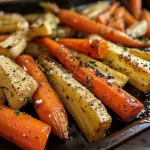 Close-up view of honey roasted carrots and parsnips glistening with a golden glaze.