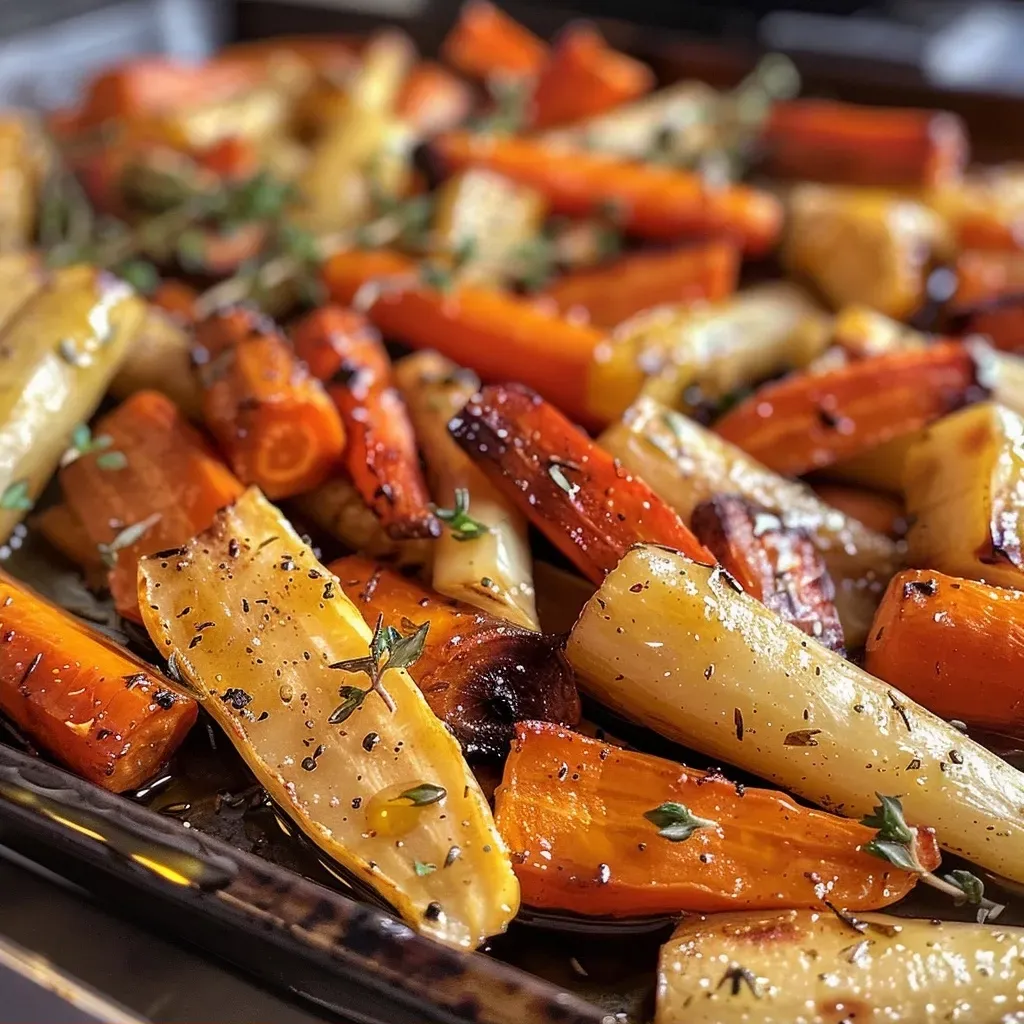 A vibrant platter of honey roasted carrots and parsnips with a shiny coating, displayed side by side.
