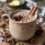 A close-up of a creamy honey sweetened chai hot chocolate with spices and cocoa.