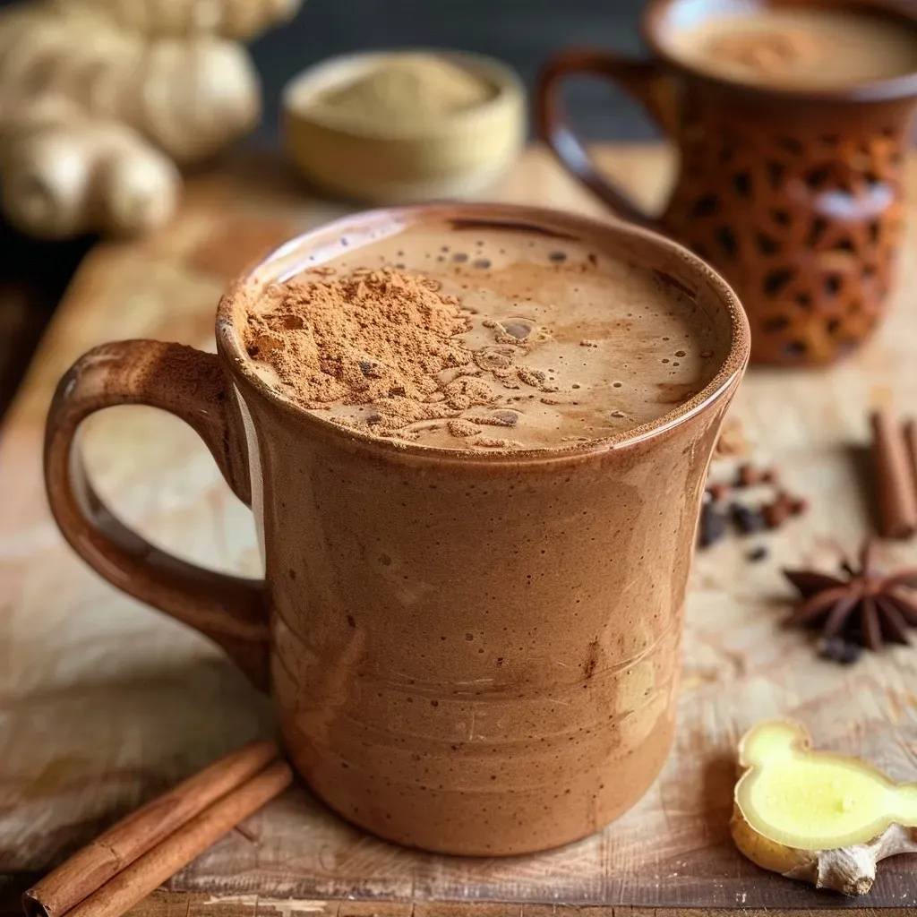 A side view of a rich hot chocolate cup filled with chai flavors, garnished with spices.