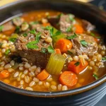 Close-up view of a bowl of beef barley soup with chunks of beef, vegetables, and barley.