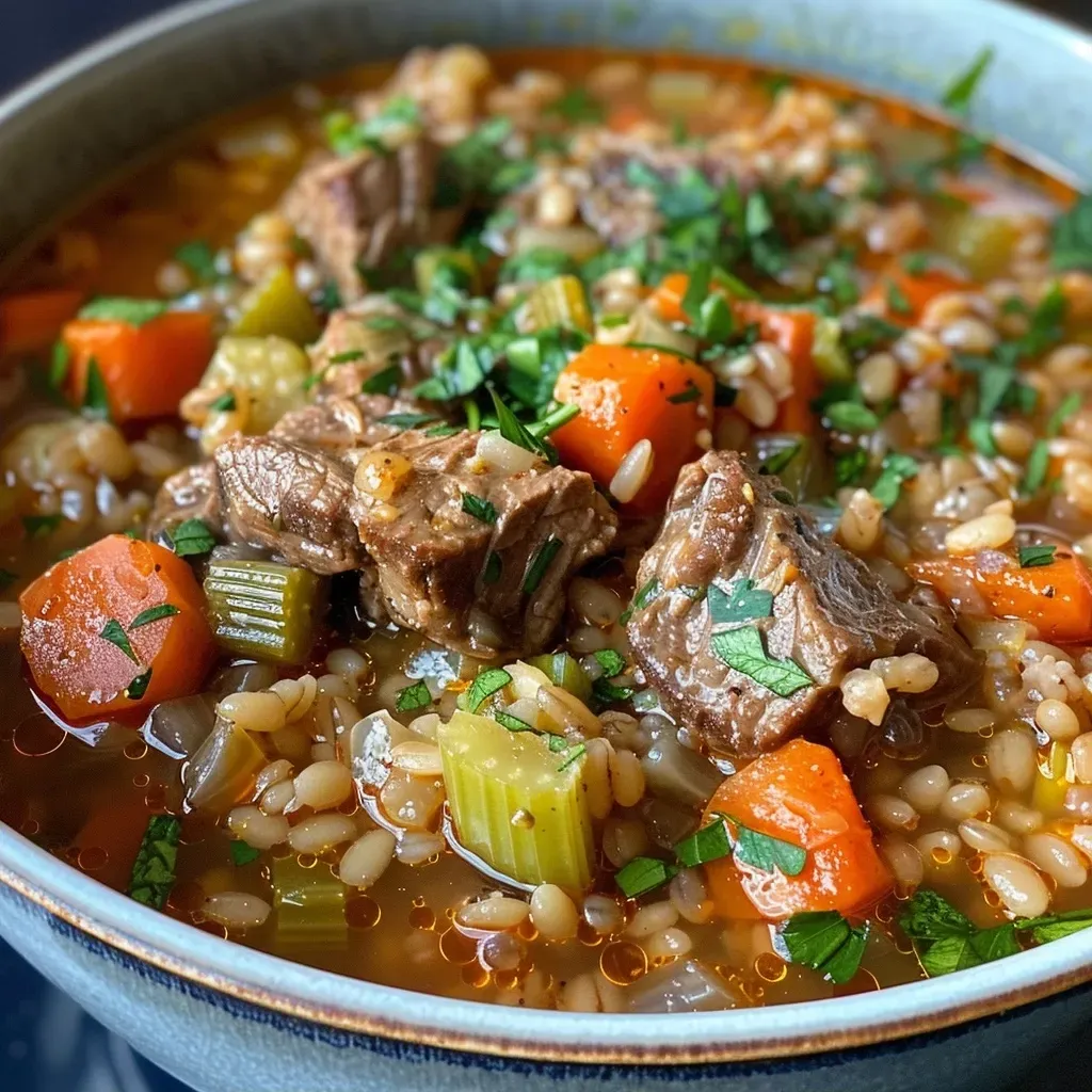 Side angle of a steaming bowl of Instant Pot Beef Barley Soup garnished with parsley.