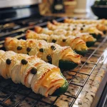Close-up view of jalapeno popper mummies wrapped in crescent dough.