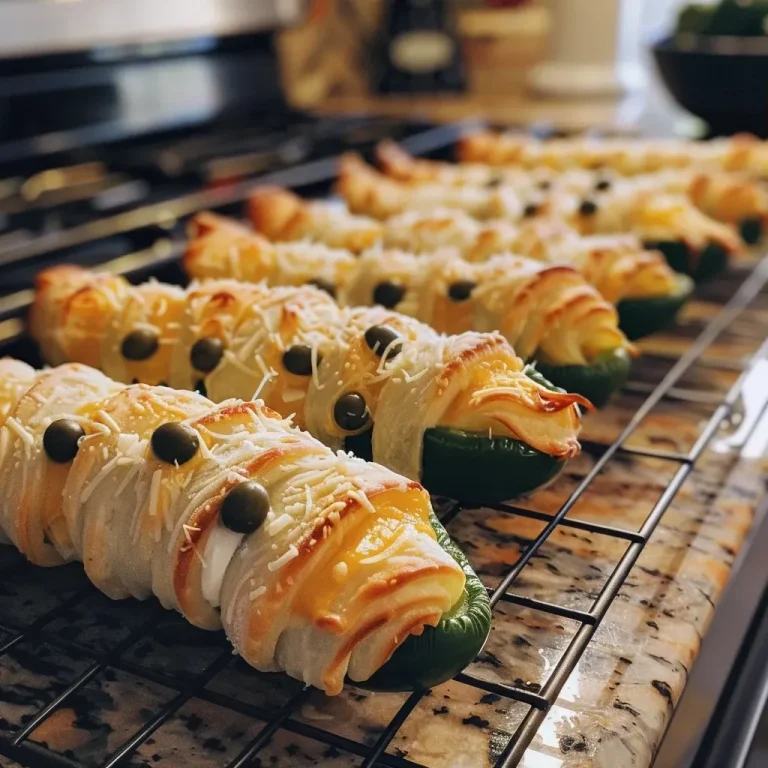 Spooktacular Jalapeno Popper Mummies: A Fiery Treat for Every Gathering Close-up view of jalapeno popper mummies wrapped in crescent dough.