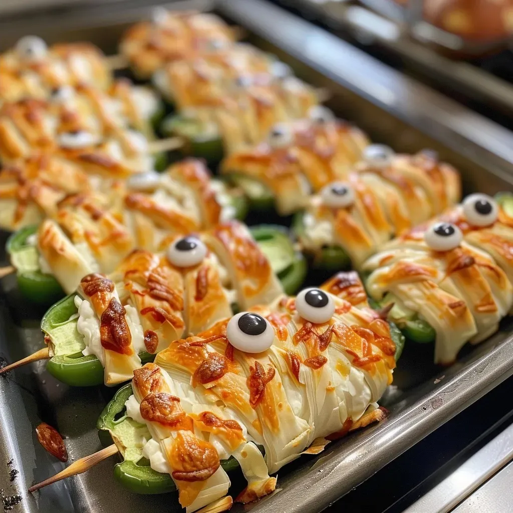 Juicy jalapeno popper mummies with candy eyeballs on a serving plate.