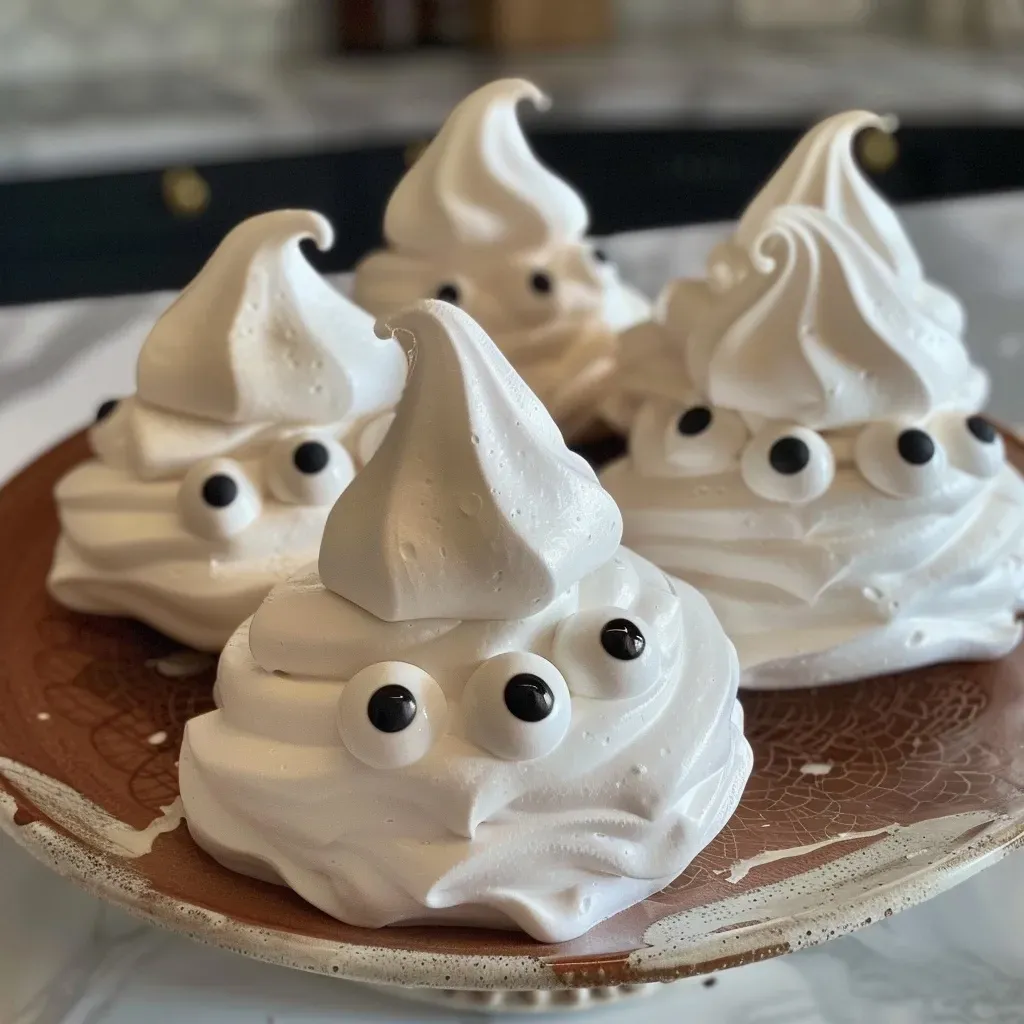 Side view of white meringue cookies shaped like ghosts.