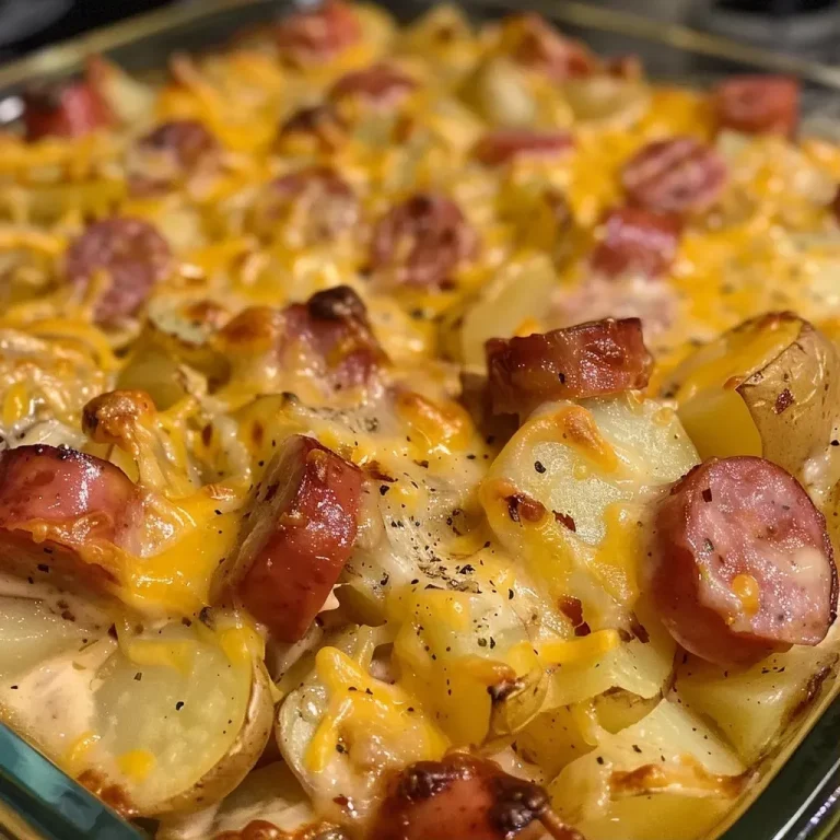 Gather ‘Round: The Soul-Warming Kielbasa Sausage Cheesy Potato Casserole That Feeds the Heart Close-up of a cheesy potato casserole with kielbasa sausage.