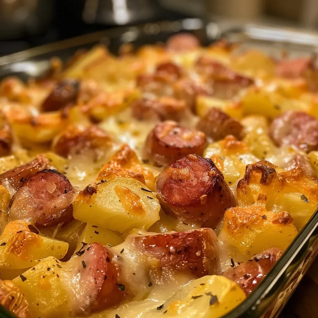 Side view of a golden-brown kielbasa sausage and potato casserole.