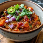 Close-up view of hearty Lentil Sweet Potato Chili topped with fresh avocado and herbs.