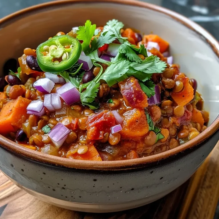 Close-up view of hearty Lentil Sweet Potato Chili topped with fresh avocado and herbs.